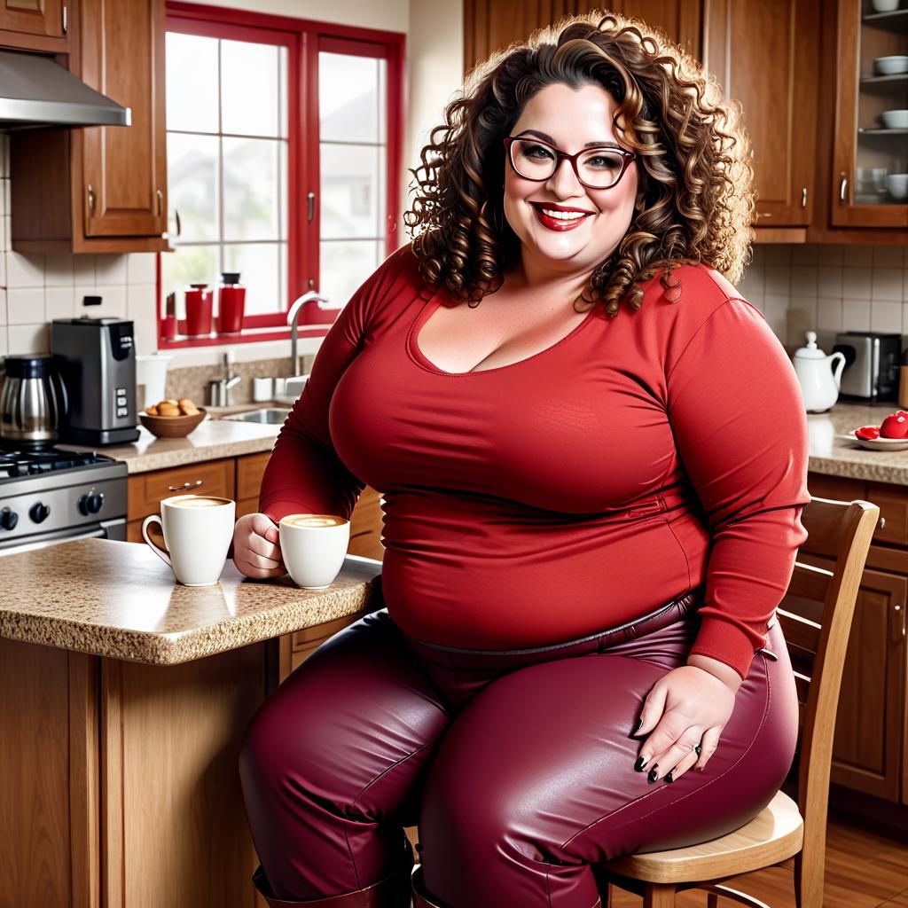 Beautiful Woman with Coffee in Elaborate Kitchen