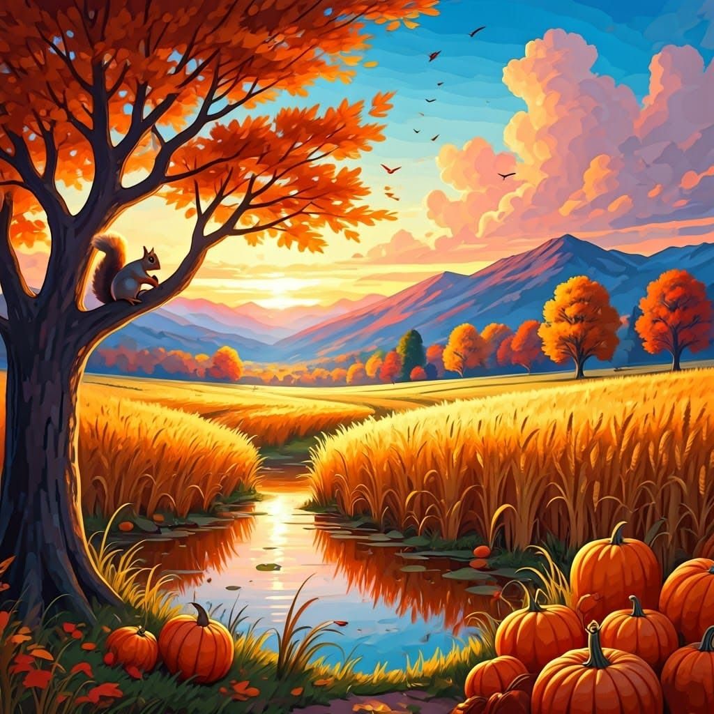Vibrant Autumn Landscape with Sunset in Gouache and Watercol...