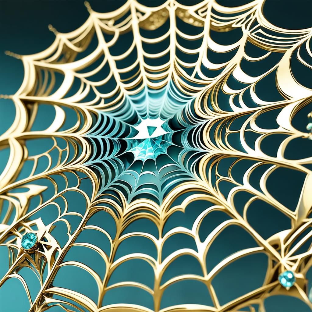 Golden Fractal Spiderweb with Aquamarine Gem
