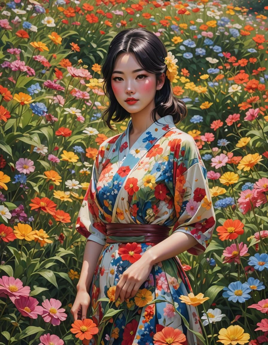 Japanese Girl in Flower Field: Hyperrealistic Art