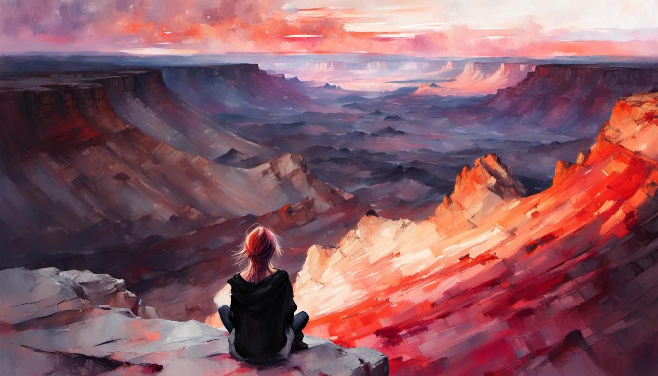 Fiery Sunset Over Desert Canyon as Impasto Painting