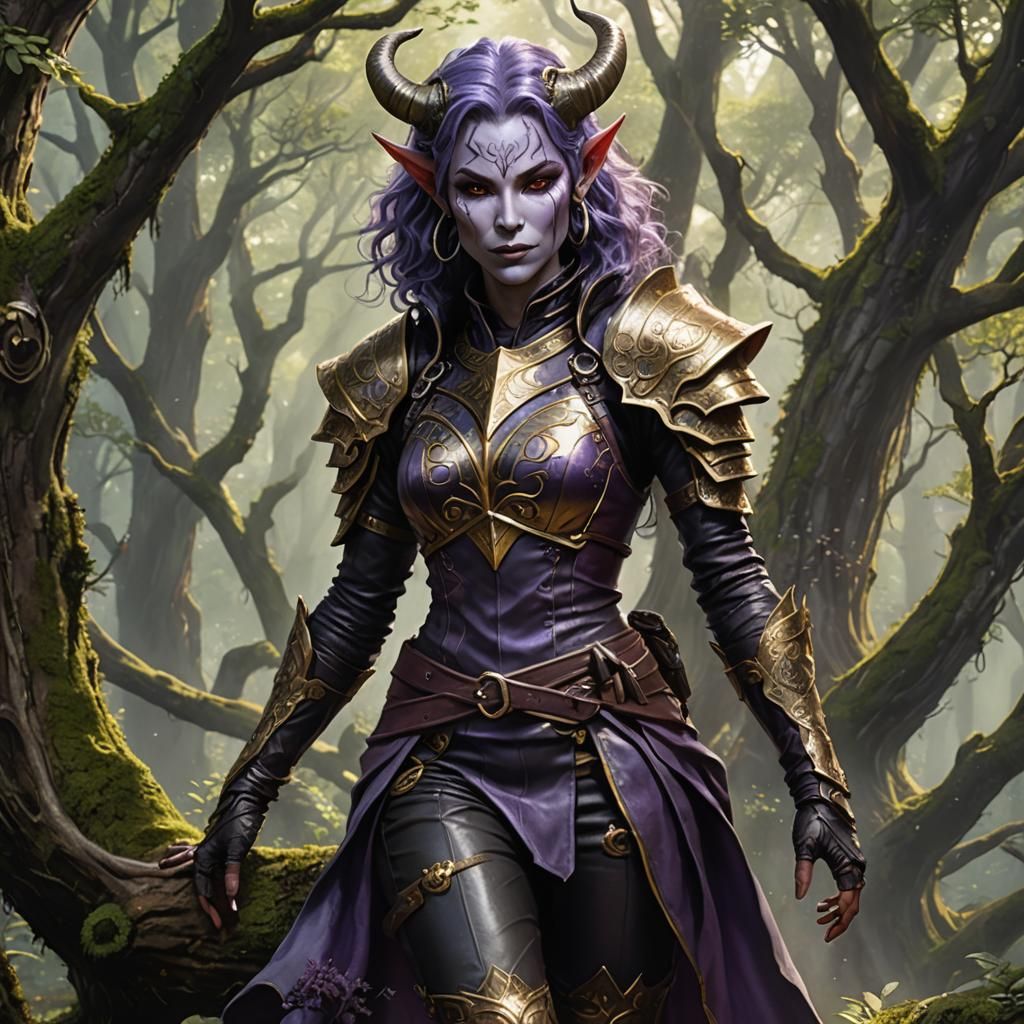 Tiefling Rogue in Mystical Forest, Fantasy Art