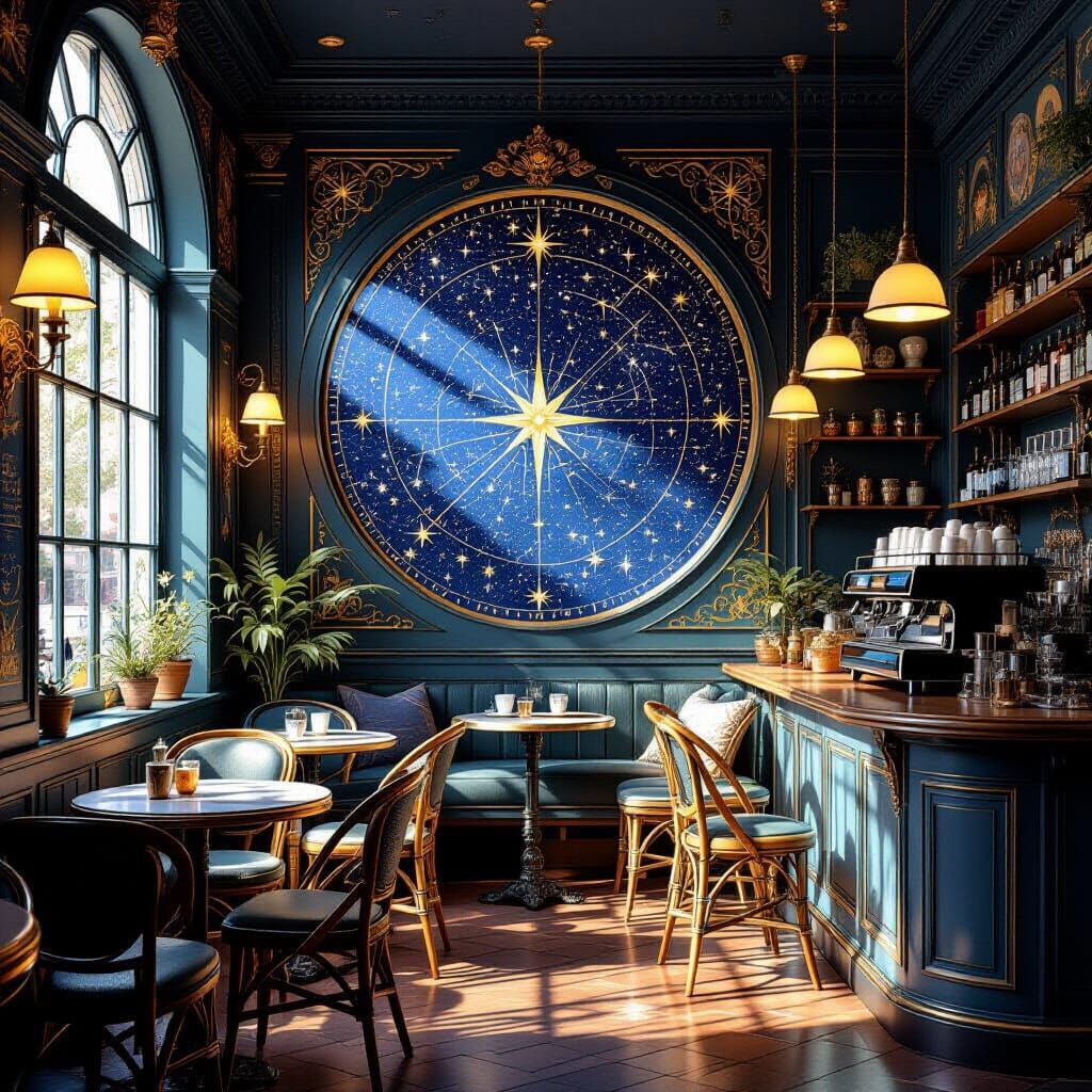 Enchanted Cafe Interior with Celestial Decor