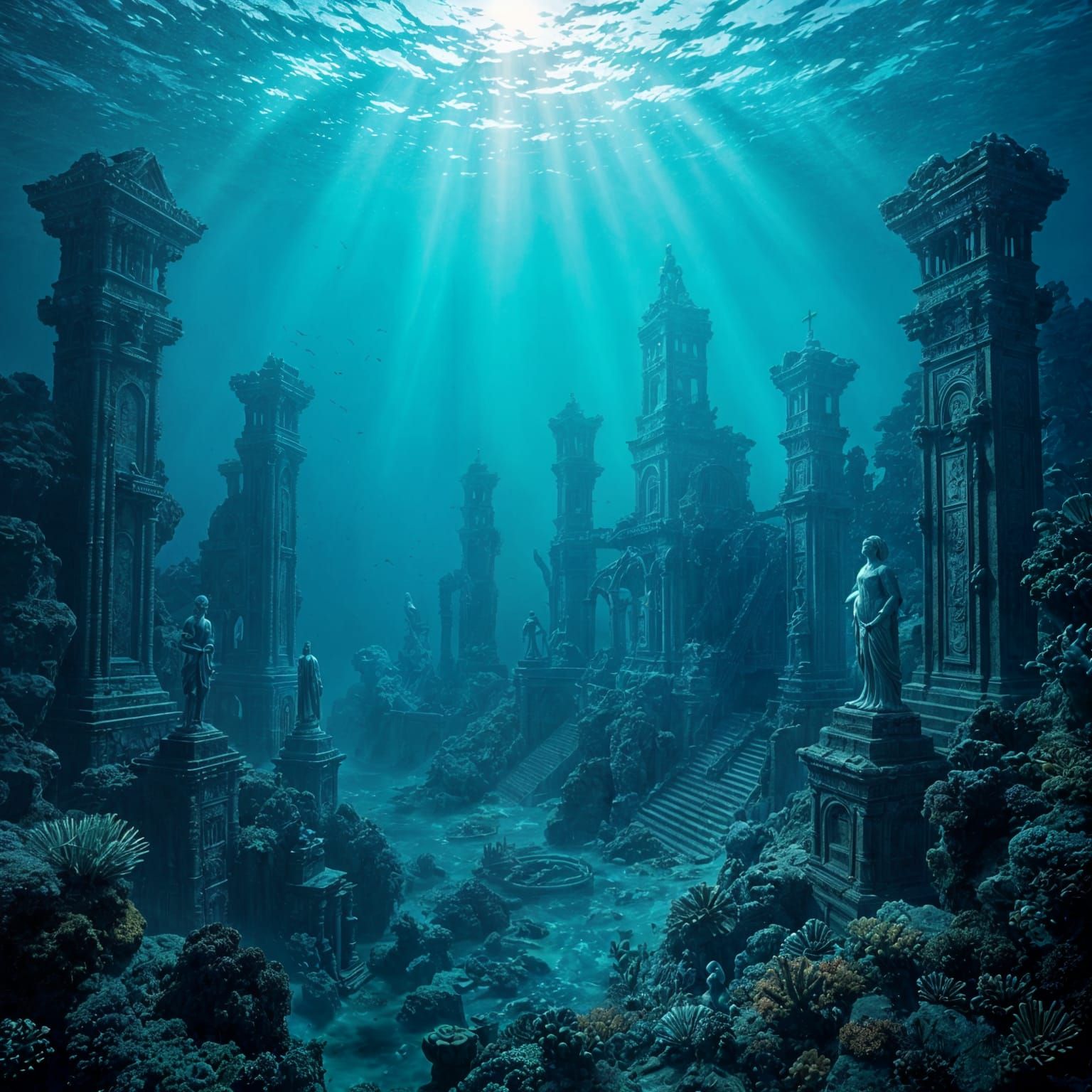 Sunken City Ruins Illuminated Underwater