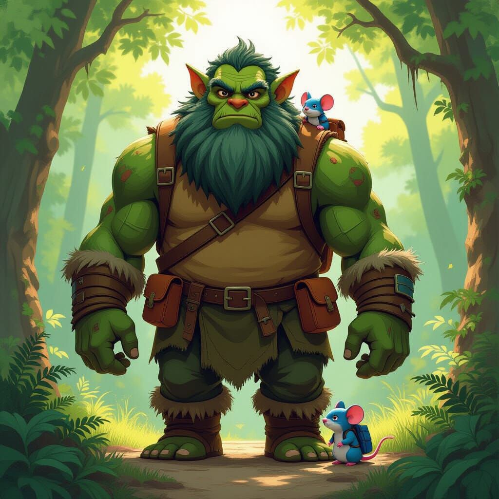 Giant and Mouse in Vibrant Forest Illustration