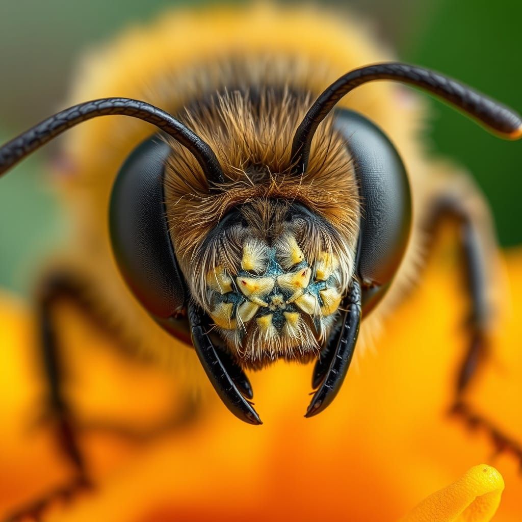 Extreme Macro Bee Headshot in Green and Orange