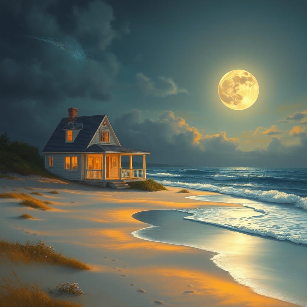 Serene Beach Cottage at Sunset under a Majestic Full Moon