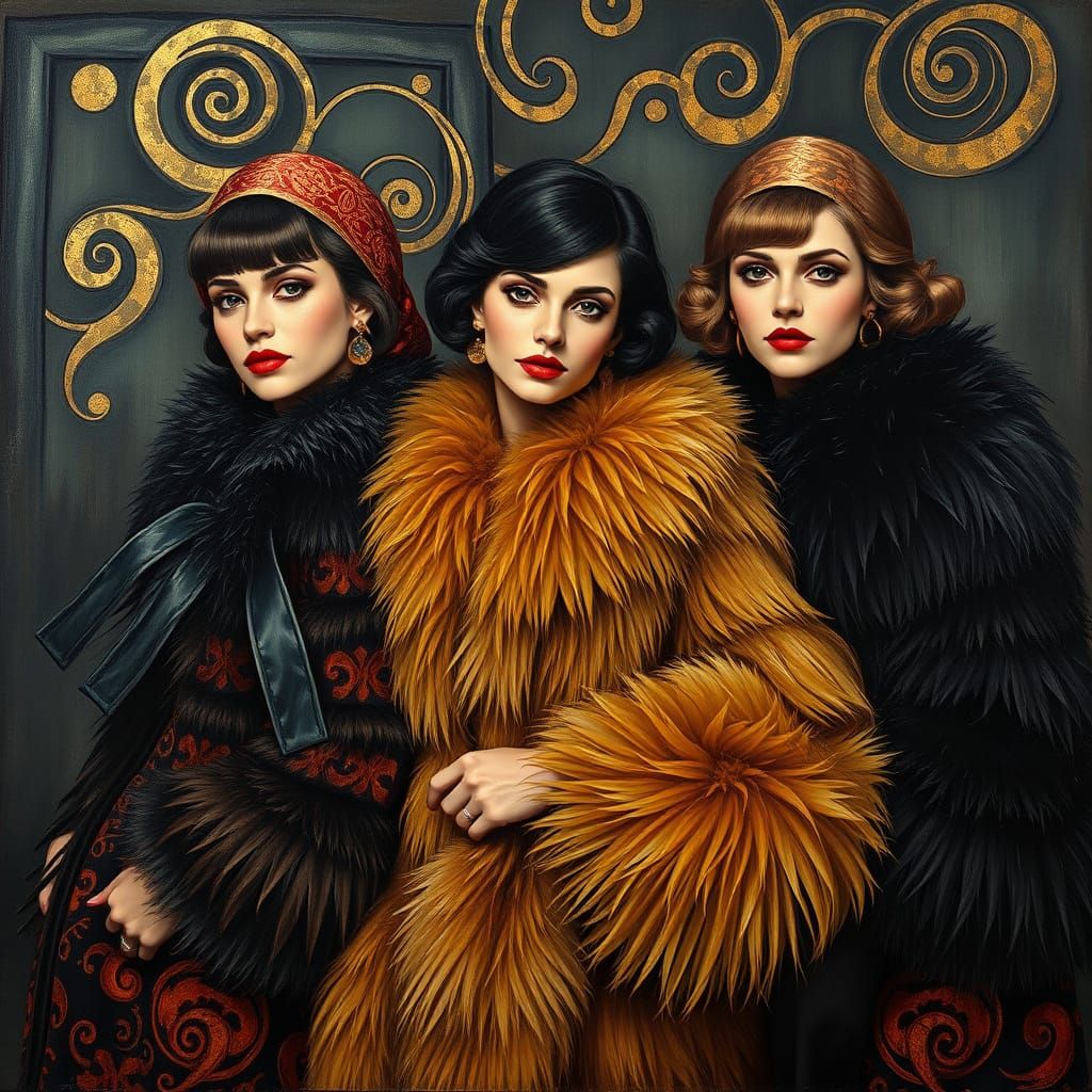 Luxurious Women in Opulent Furs, Set Against Dark, Moody Bac...