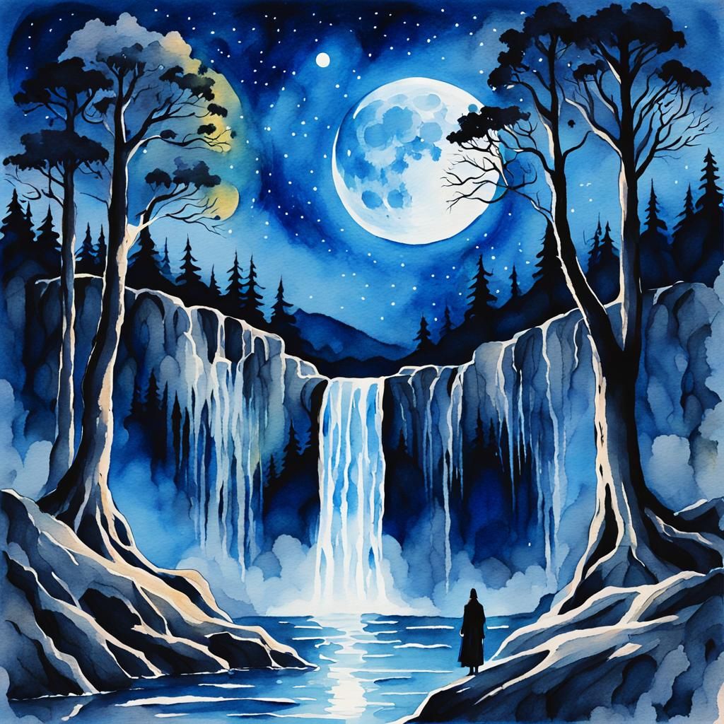 Gothic Fantasy Waterfalls under Blue Moon