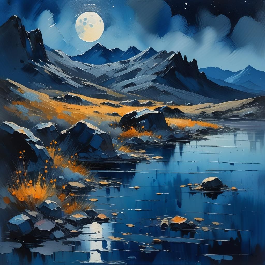 Impressionist Moonlit Landscape in Gouache