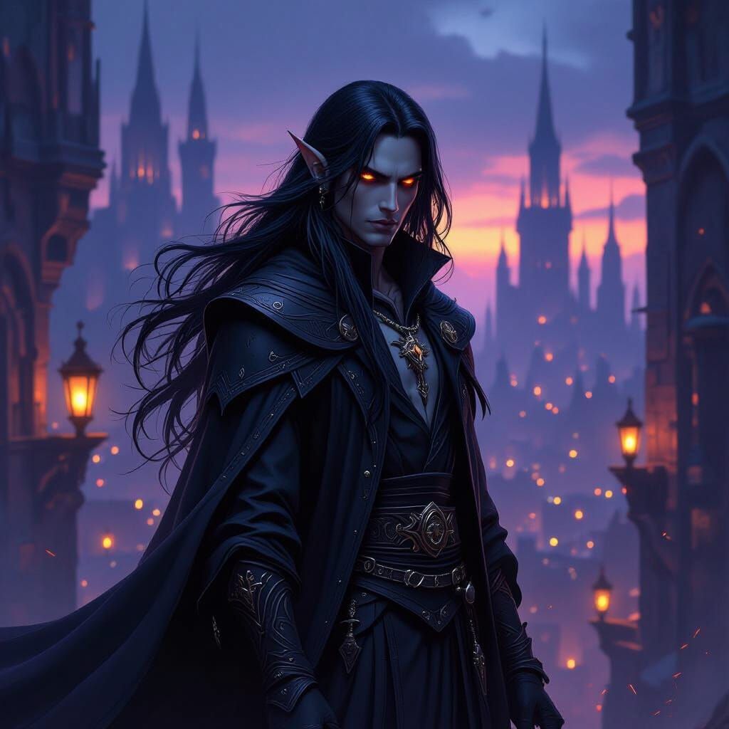 Dark Elf Wizard in Gothic Cityscape