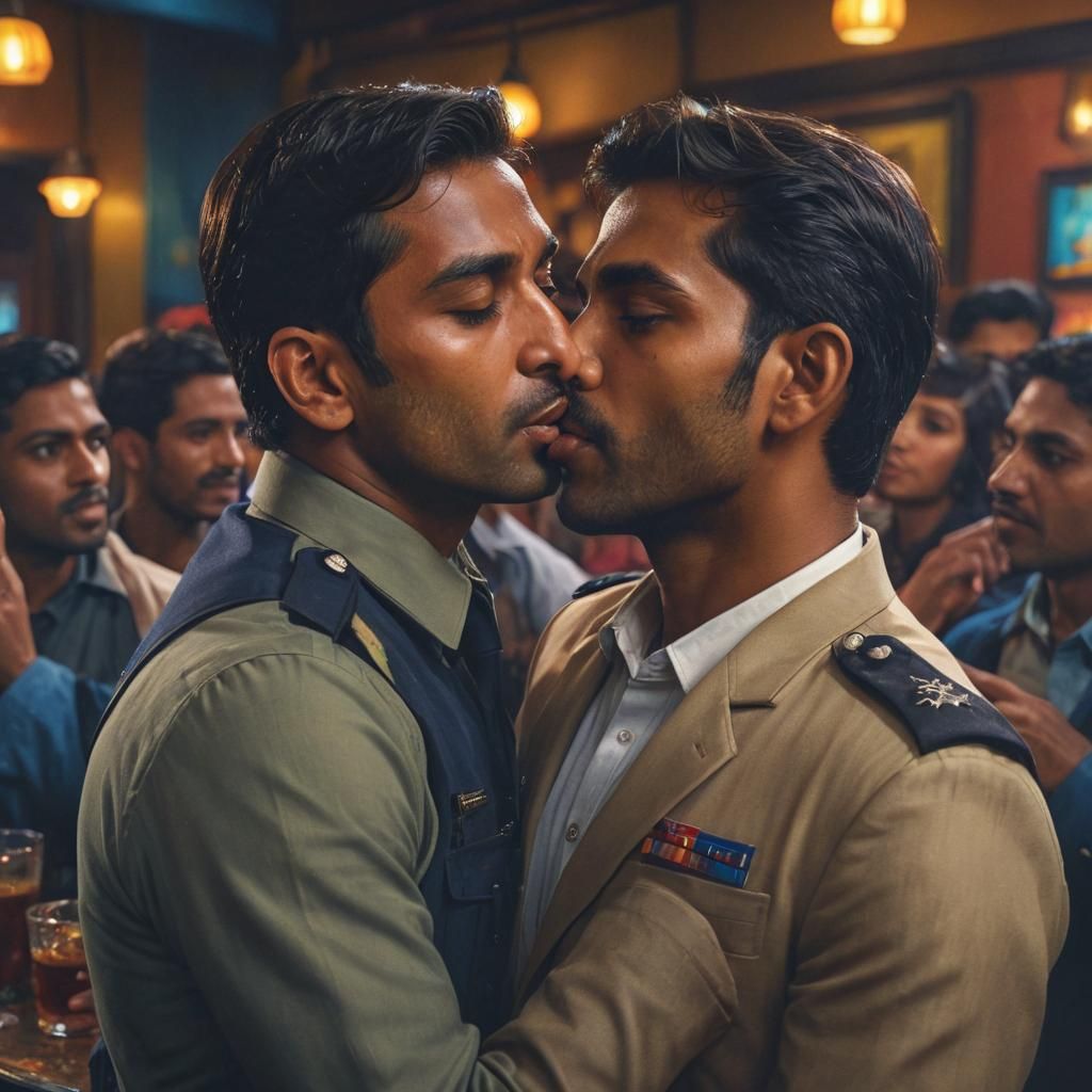Intimate Moment: Indian Police Officer Kissing in Bar
