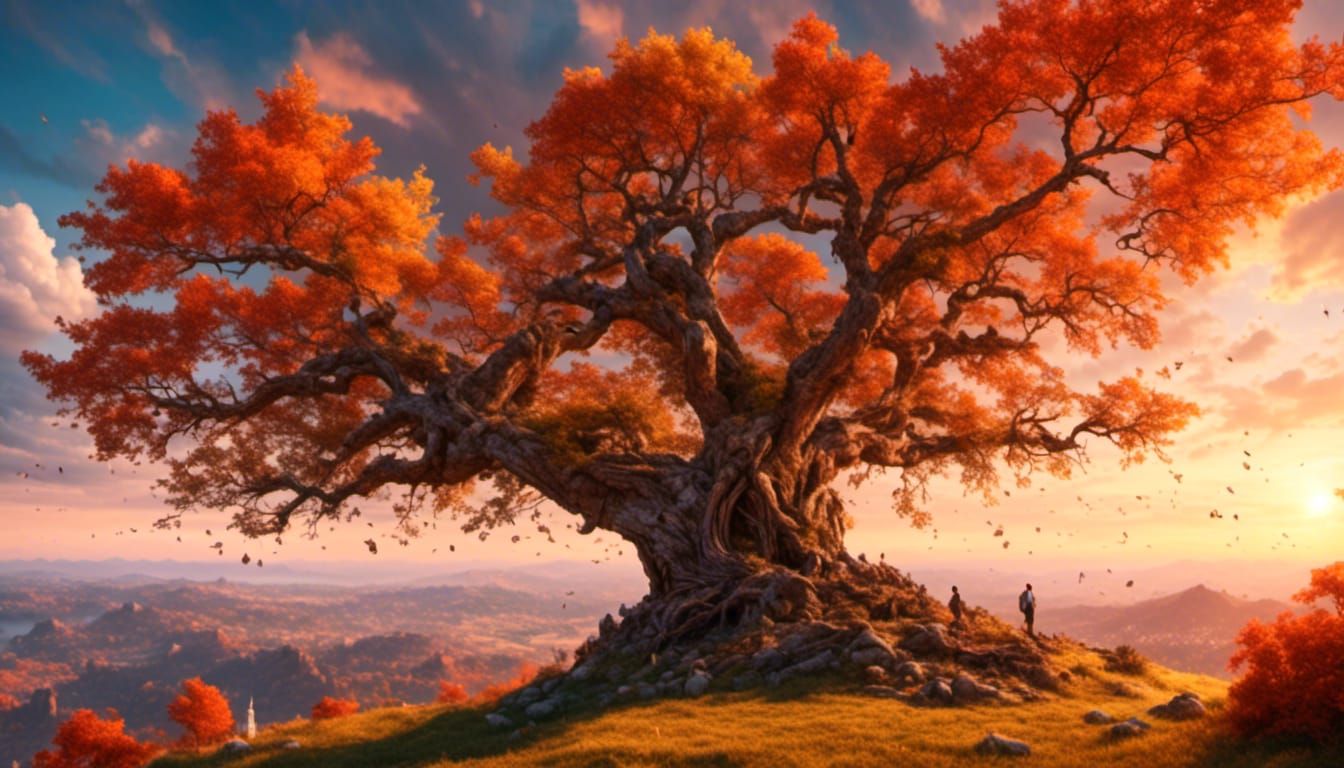 Ancient Tree on Hill at Sunset in Watercolor