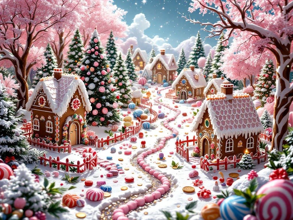 Whimsical Gingerbread Village in Vibrant Candy Forest