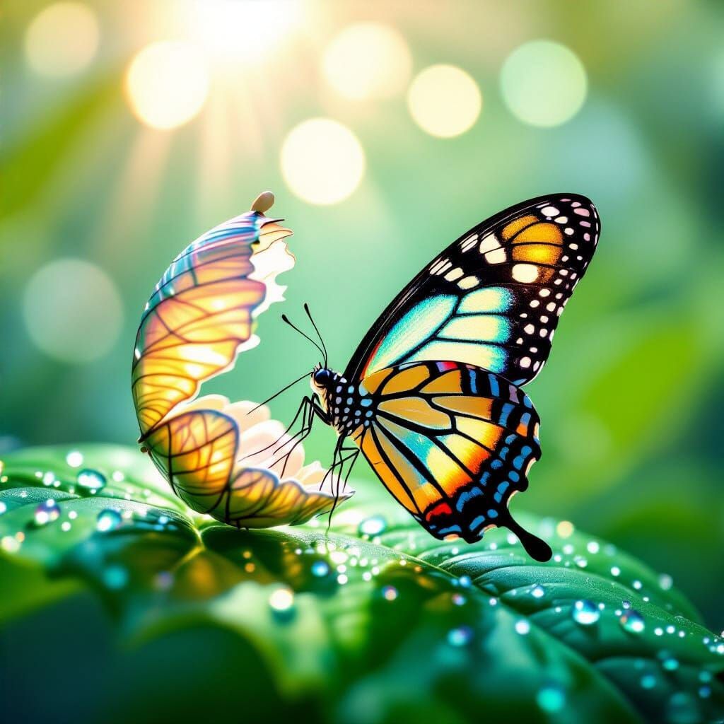 Butterfly Emerges from Chrysalis in Surreal Painterly Style