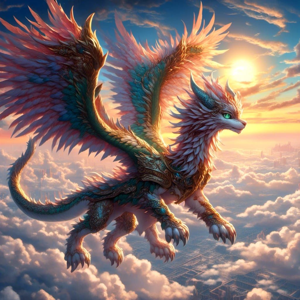 Mythical Cat Dragon Soaring High