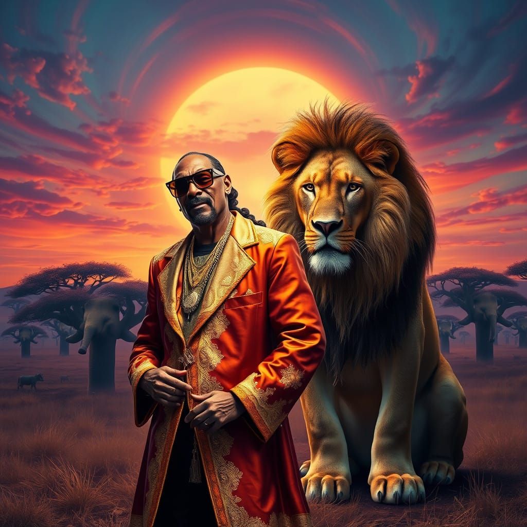 Regal Snoop Dogg with Golden Lion in Dreamlike Savannah