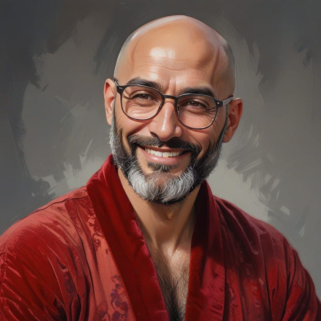 Cheerful Young Man in Red Velvet Bathrobe