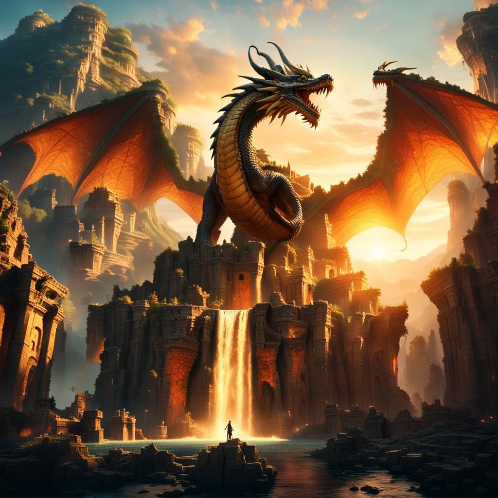 Five-Headed Dragon Overlooking Ancient City Ruins