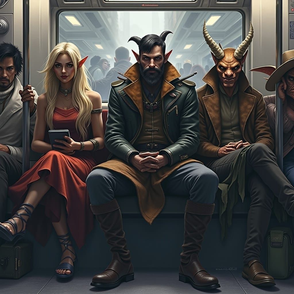 Fantasy Travelers on a Bustling Subway Train in Intricate 4K...