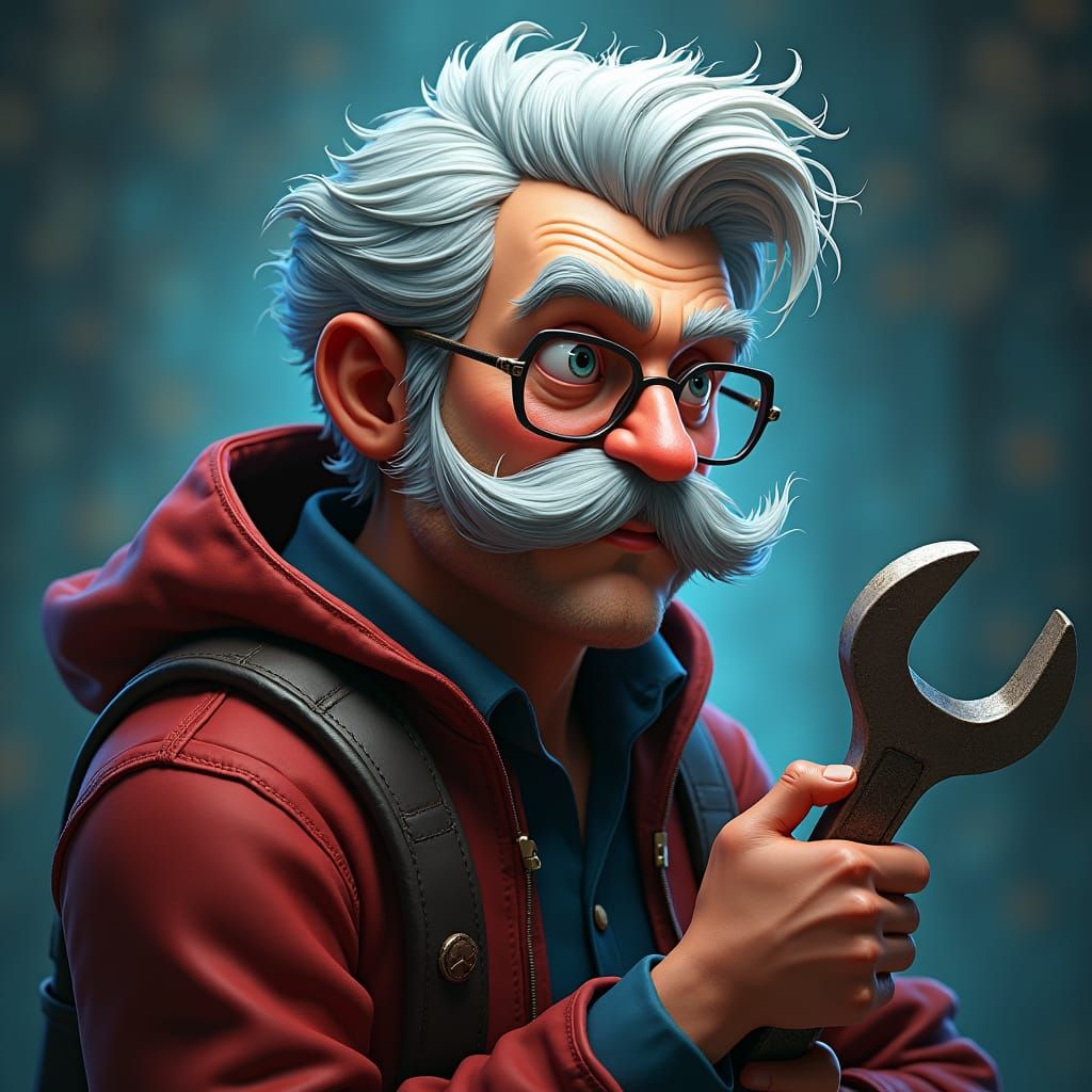 Detailed Matte Painting of a Gray-Haired Man with Wrench