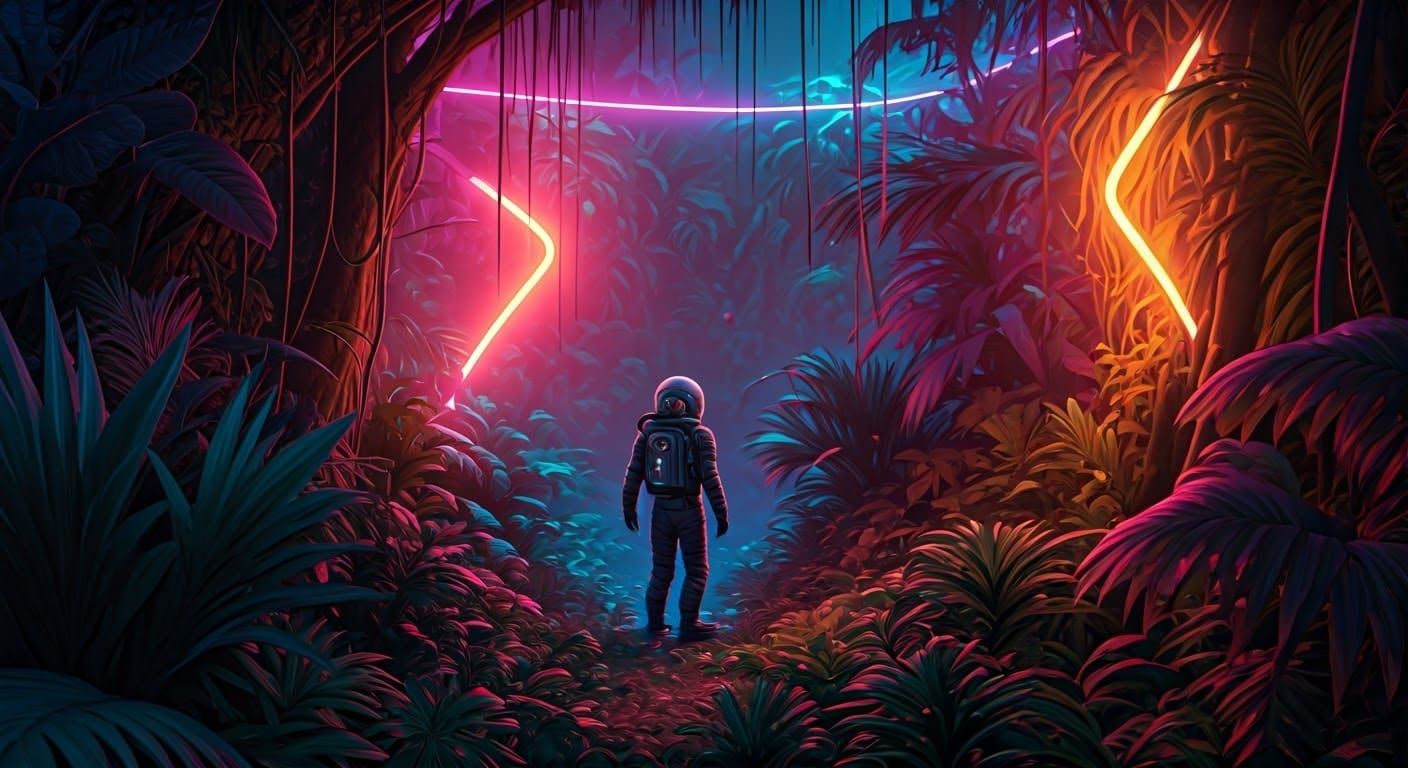 Retro-Futuristic Astronaut in Bioluminescent Jungle