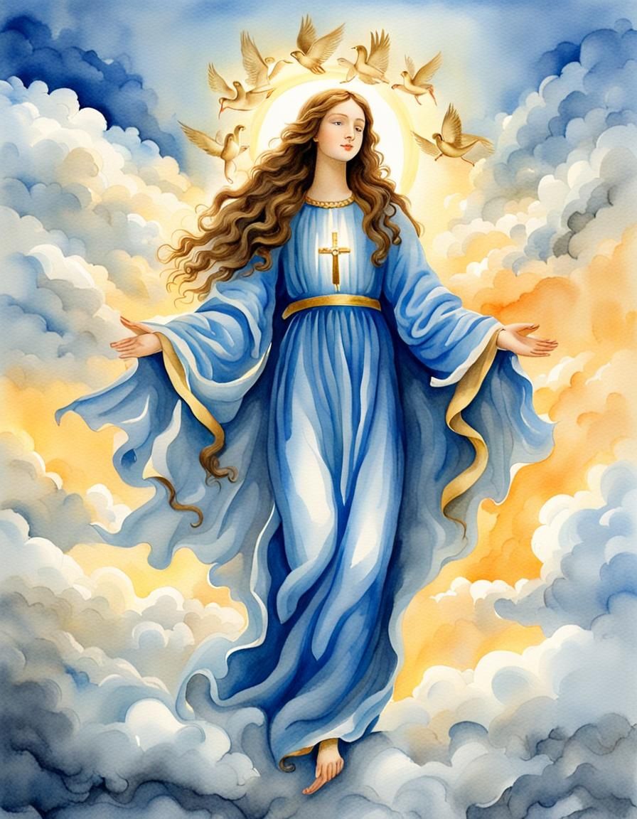 Watercolor Painting of Virgin Mary with Angels