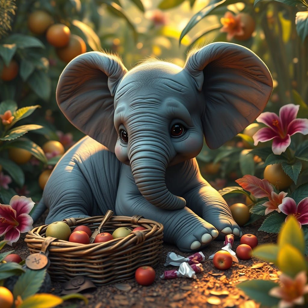 Sickly Baby Elephant in Whimsical Jungle Paradise
