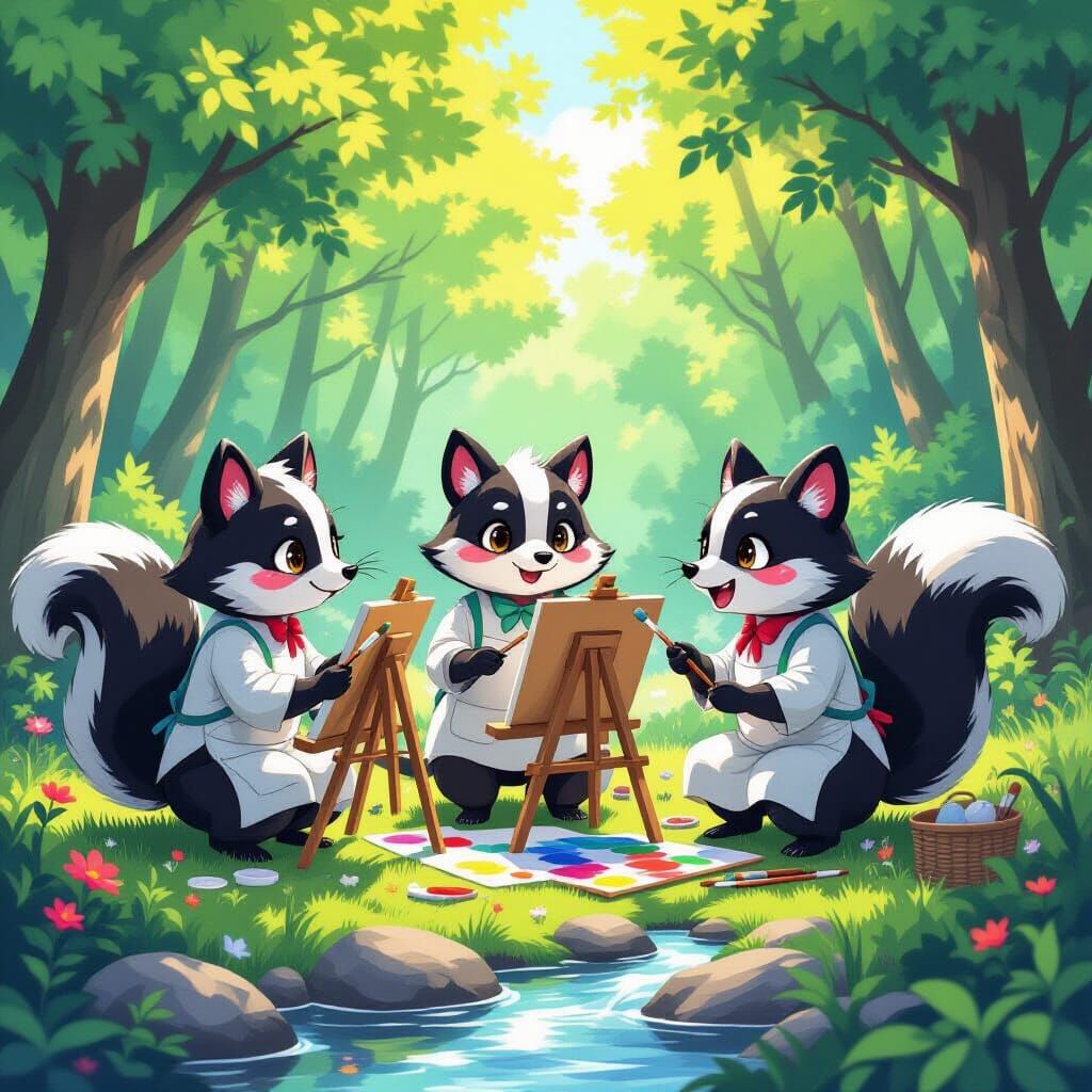 Skunks Paint Vibrant Forest in Anime Style