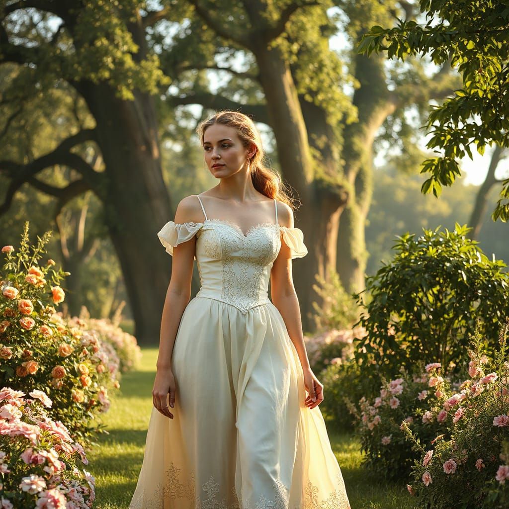 Elegant 18th Century Wife in a Sunlit Garden Scene