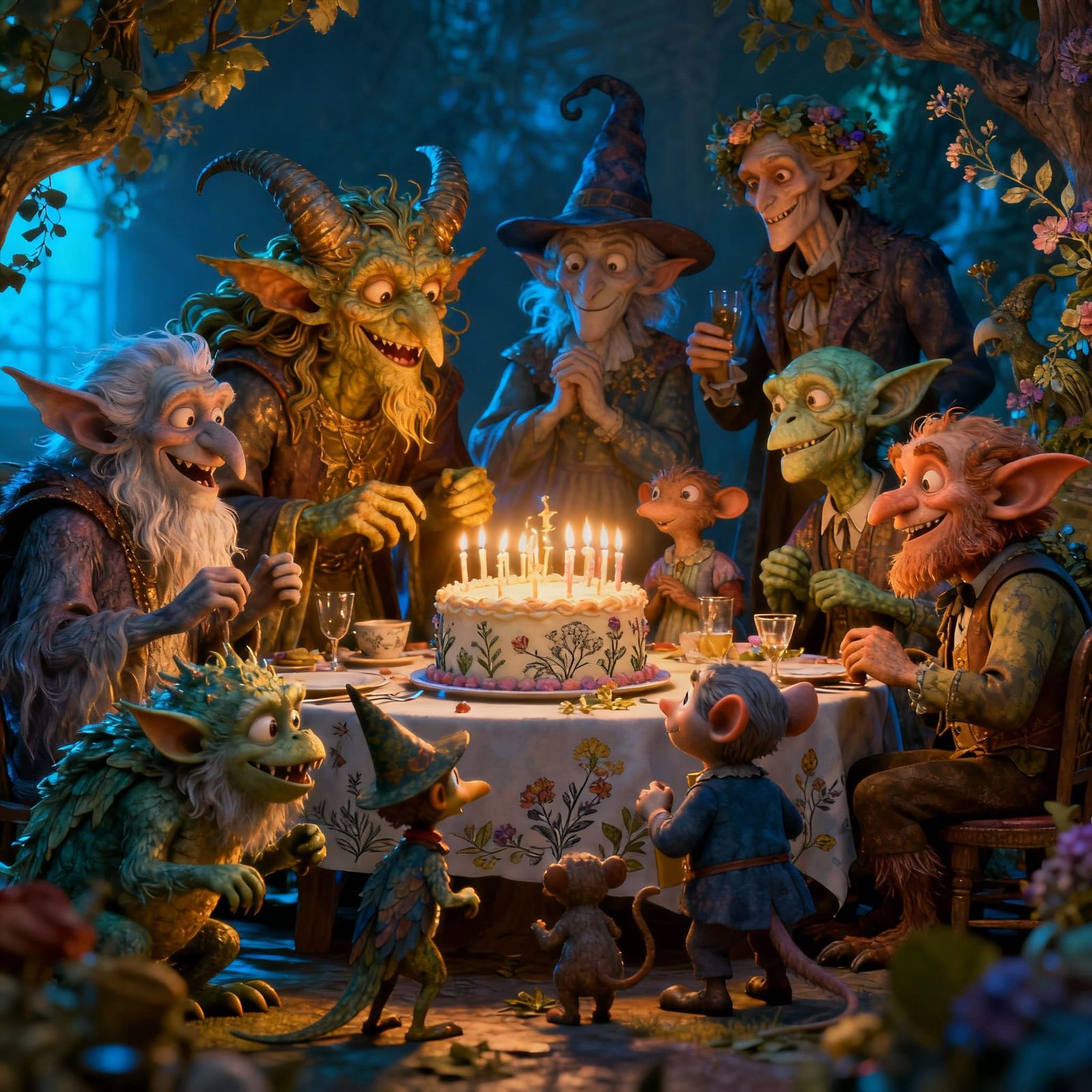 Whimsical Mythological Creatures Party in 3D Cartoon Style