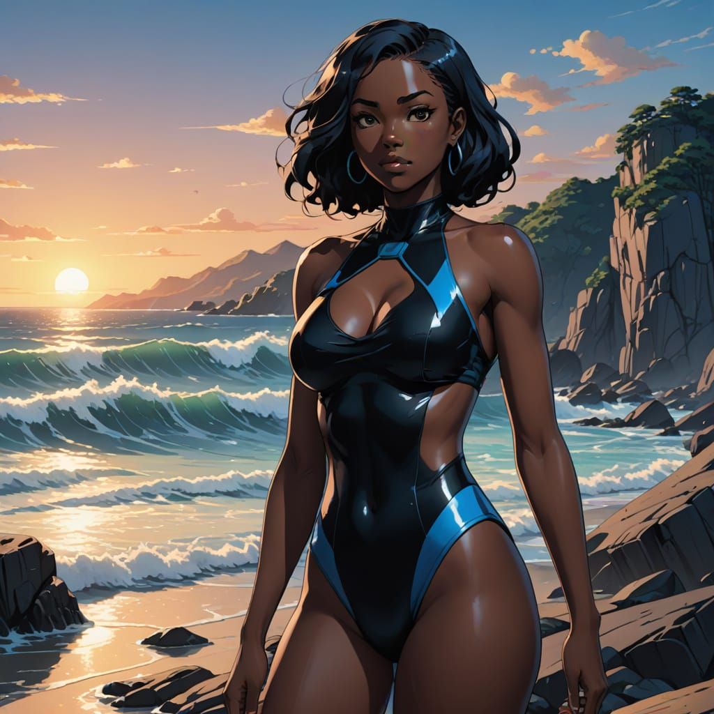 Vibrant Anime Art of African Goddess on Rocky Shoreline