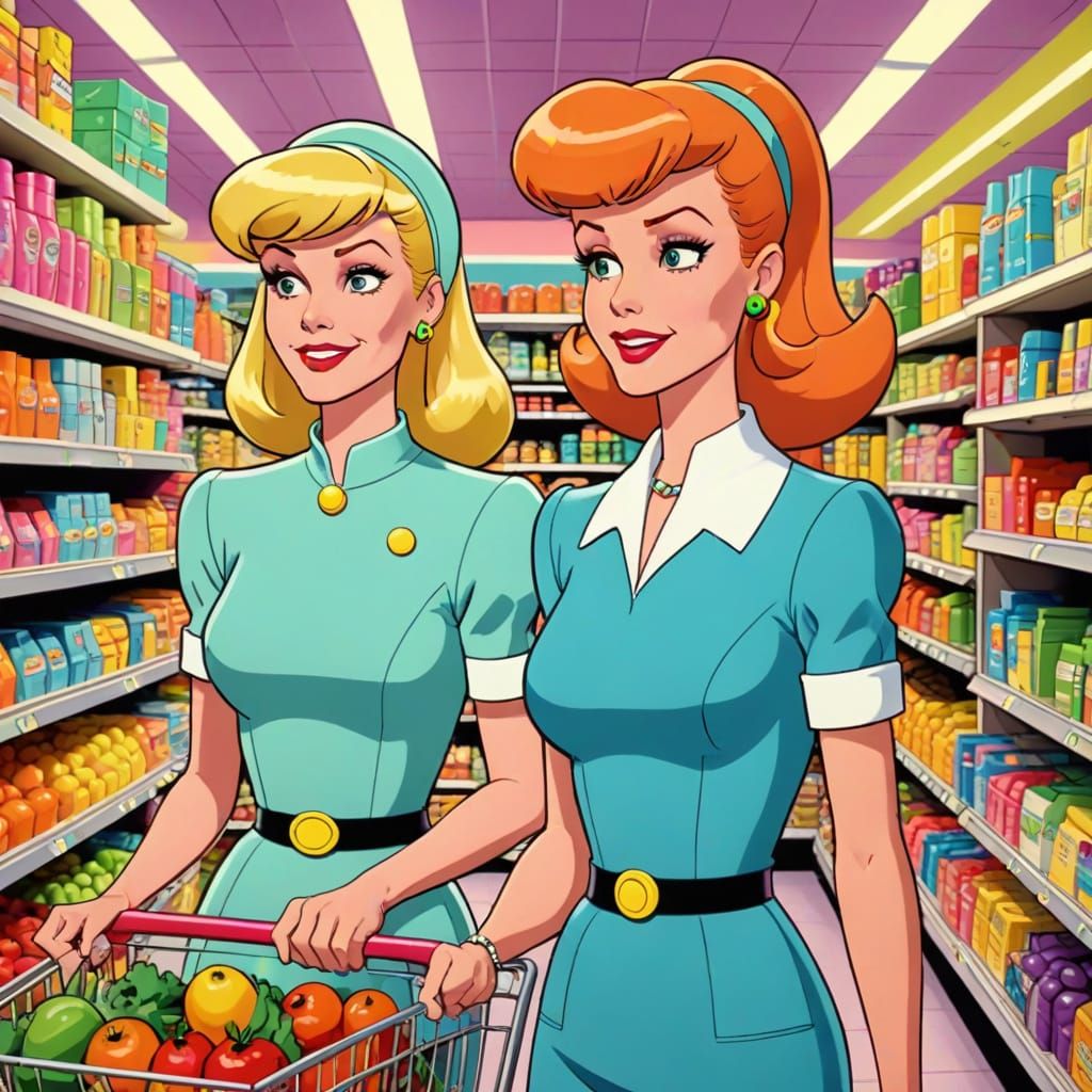 Jane and Judy Jetson Grocery Shopping in Retro Cartoon Style