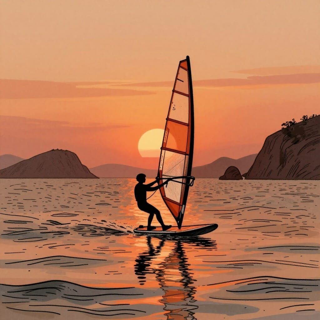 Lone Windsurfer Silhouette at Sunset in Whimsical Style