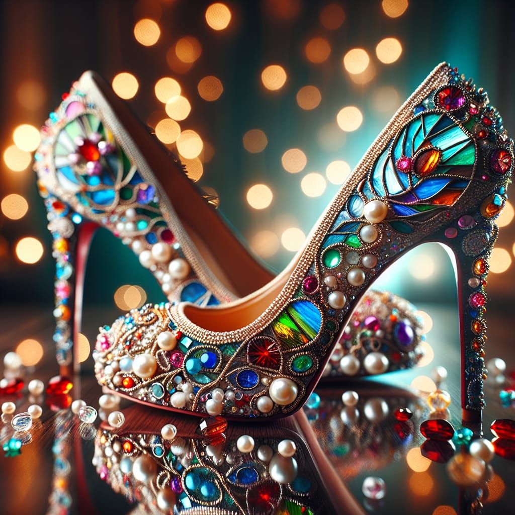 Stained glass stilettos , trimmed in crystals, beads, pearls Professional photography, bokeh, natural lighting, canon le...