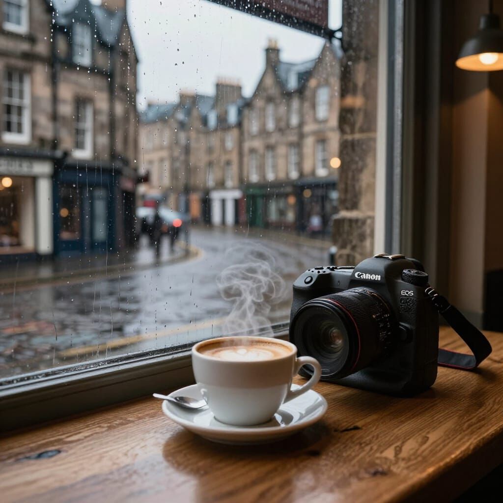 Cozy Cafe View of Rainy Edinburgh Street