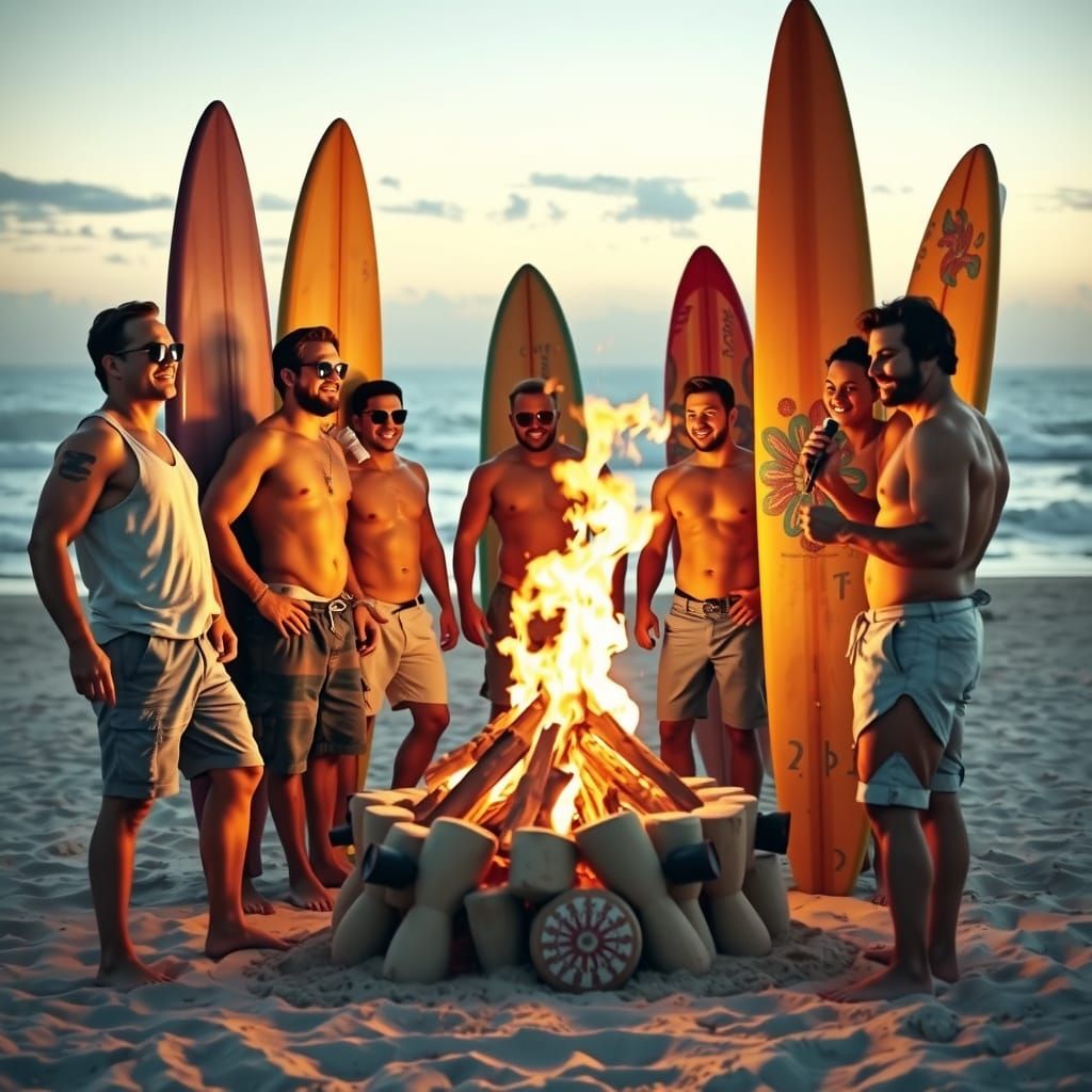 Surfers Gather Around a Beach Bonfire