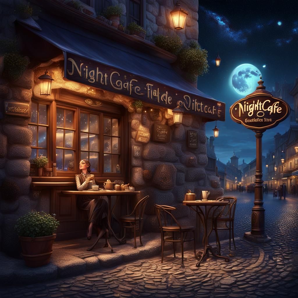 Night Cafe Scene Under Starry Sky