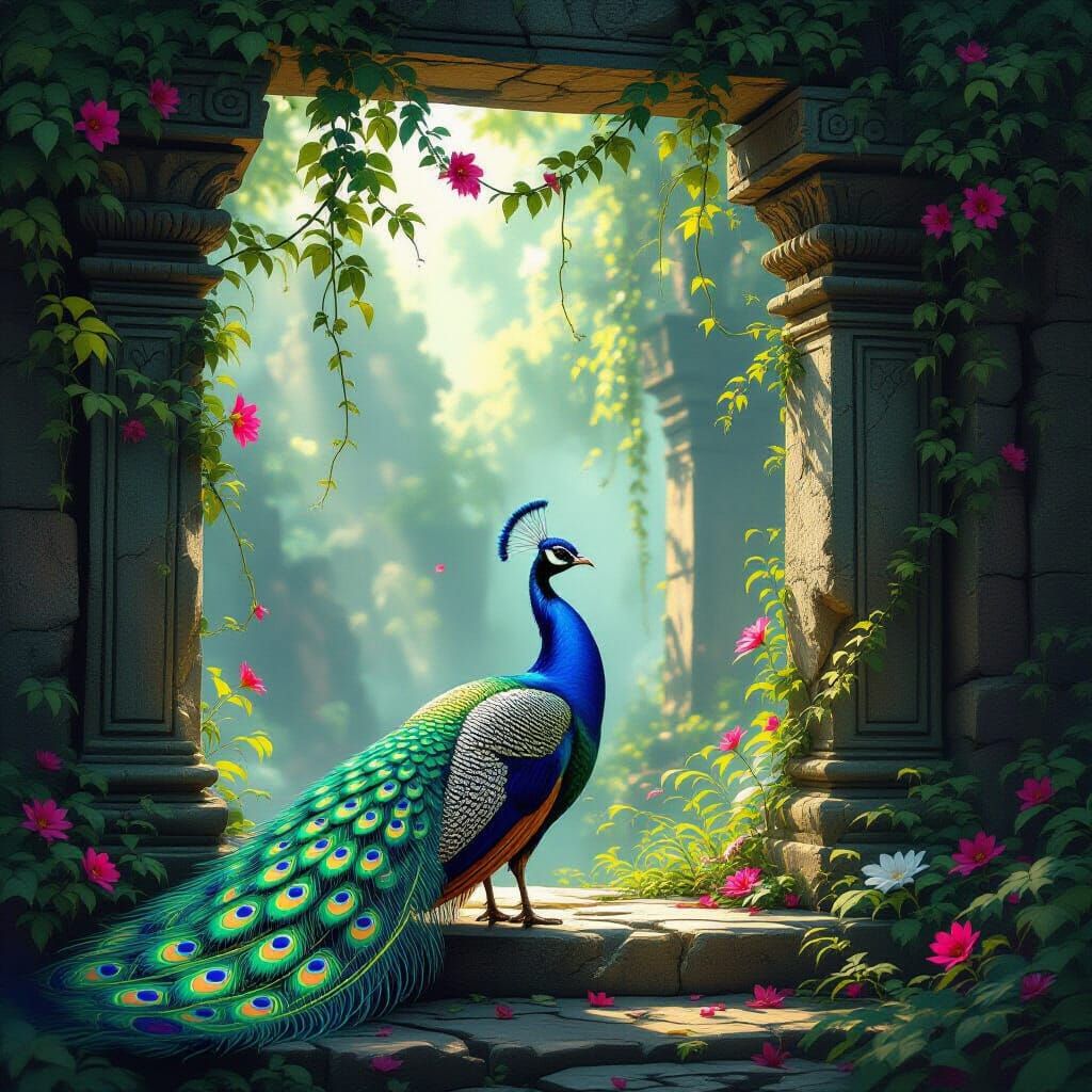 Majestic Peacock Guards Ancient Temple Entrance in Fantasy A...