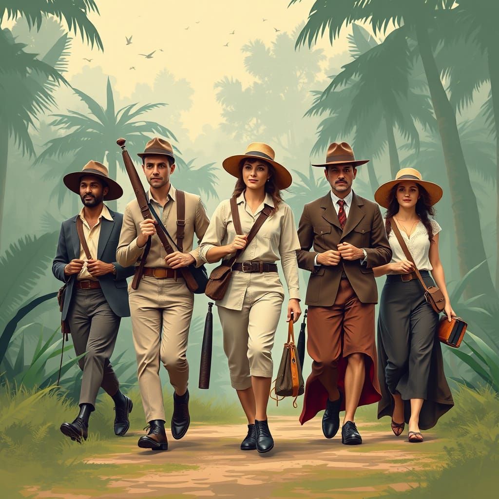 1920s Explorers in Asian Jungle: Pop Art Screen Print