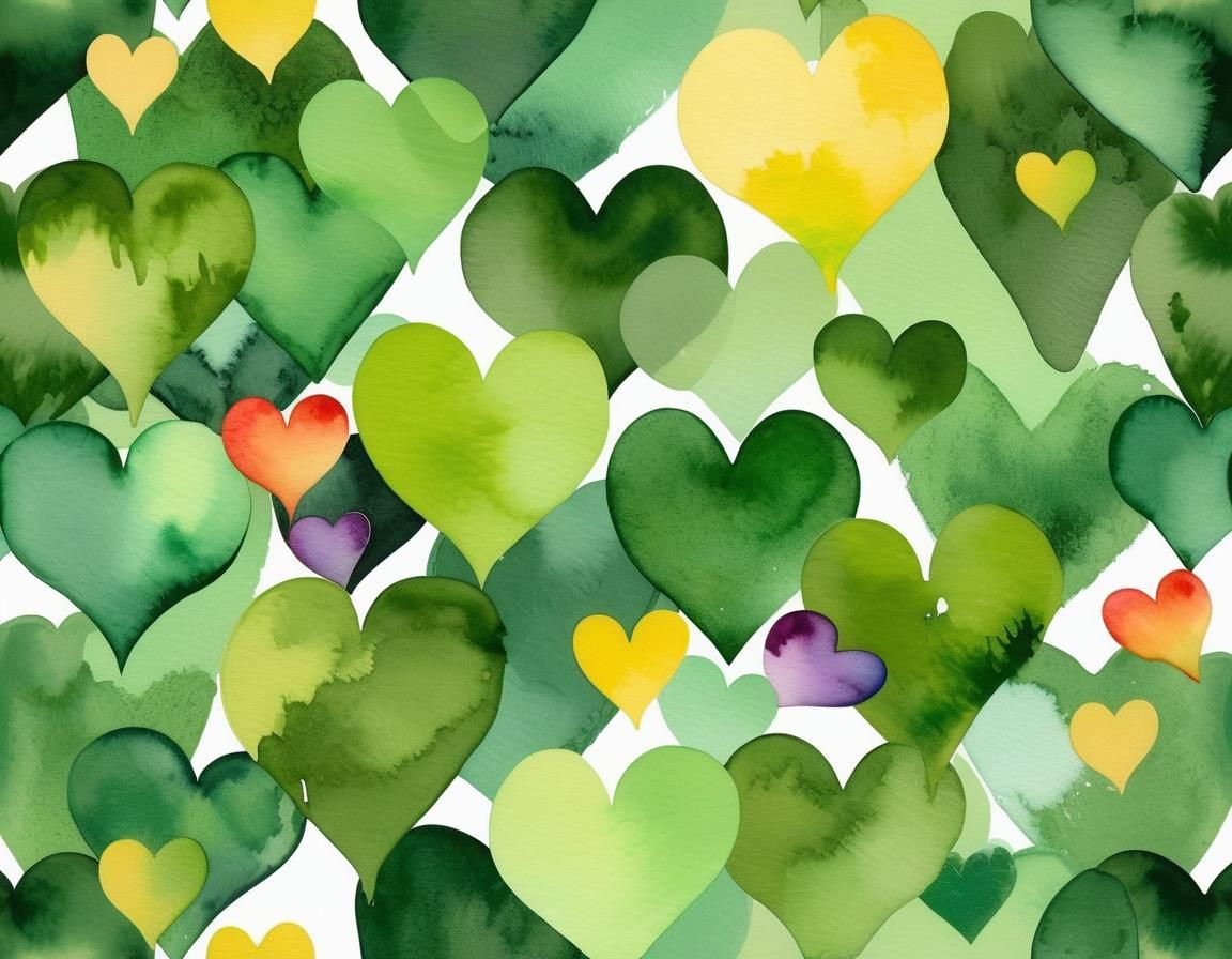 Watercolor Collage of Hearts and Rainbows in Olive Green