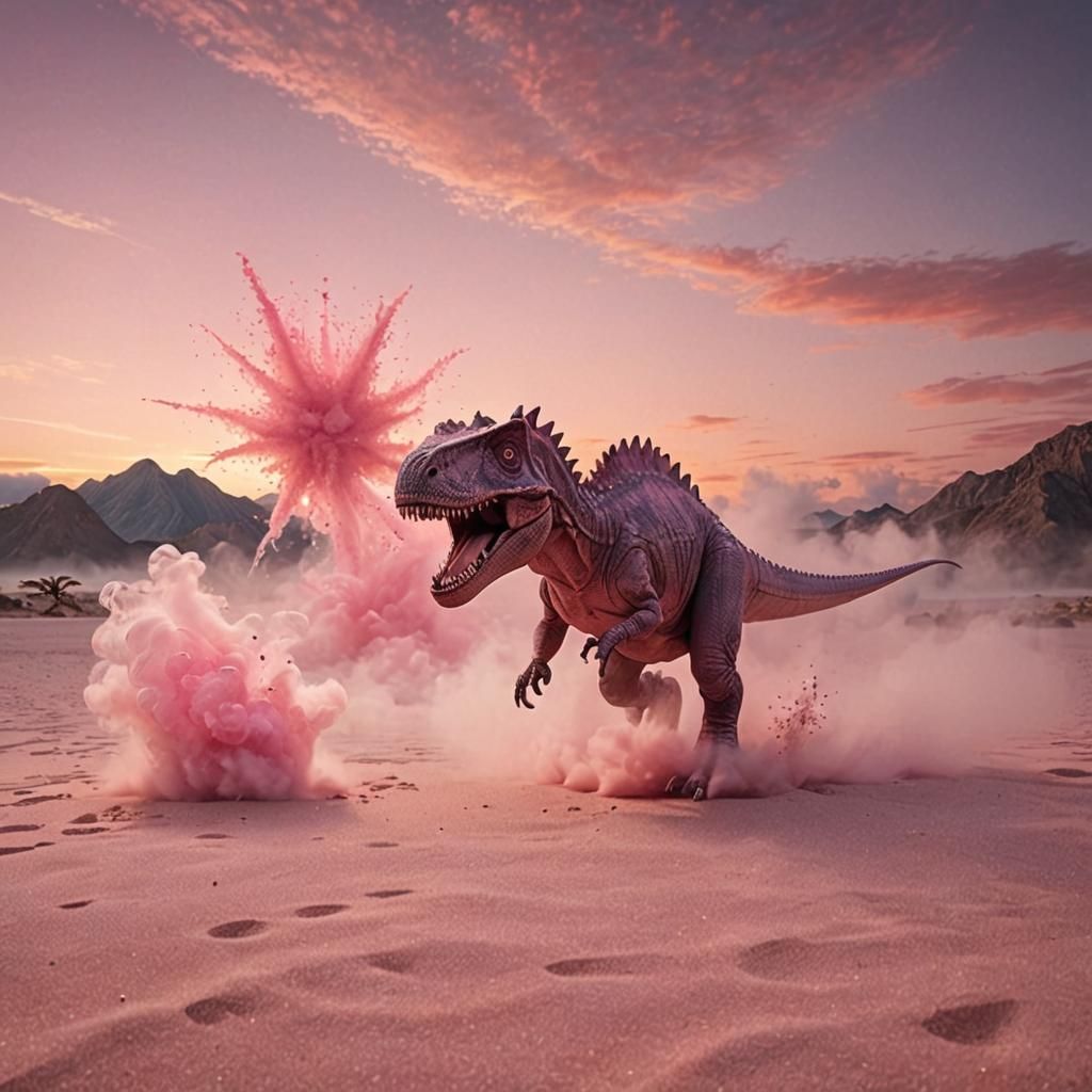 Dinosaur Chase on Crystal Sands at Sunset