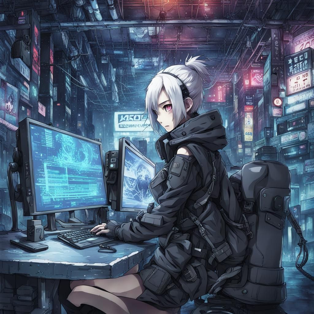Cyberpunk Dark Ice Network Security in Anime Style