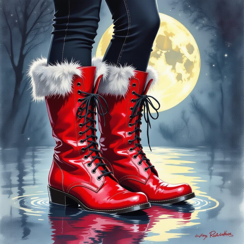 Red Victorian Cat Fur Boots in Moonlight Watercolor