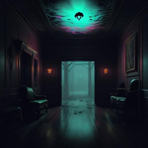 Surreal Haunted House with Bioluminescent Glow