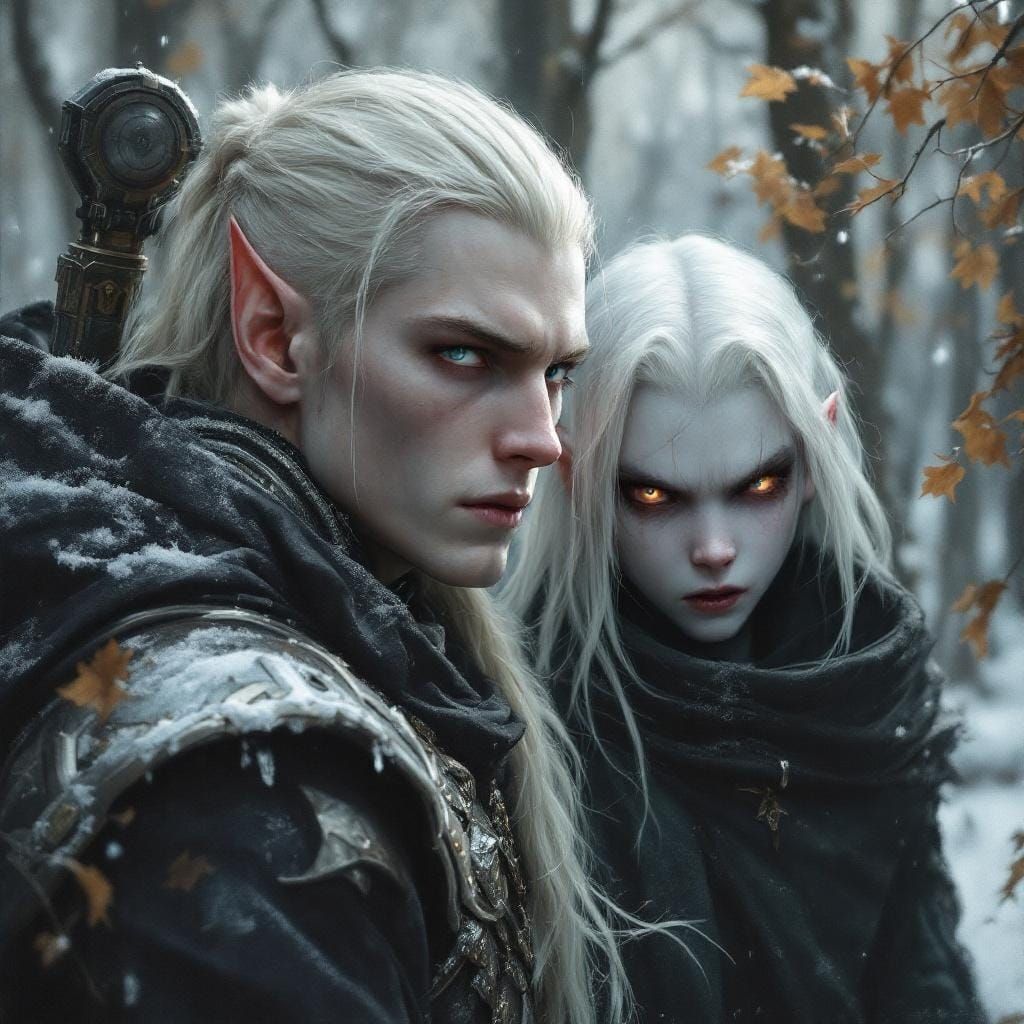 Elf Cyborg and Drow Boy in Winter Forest: Oil Portrait