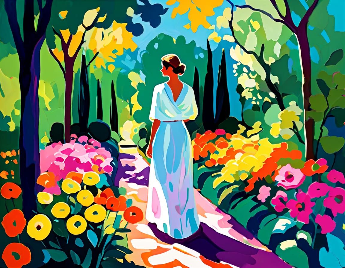 Serene Garden Scene in Fauvist Style
