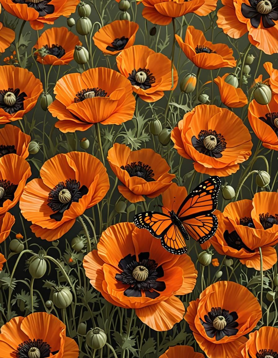 Tangerine Poppies and Butterfly in Klimt Style