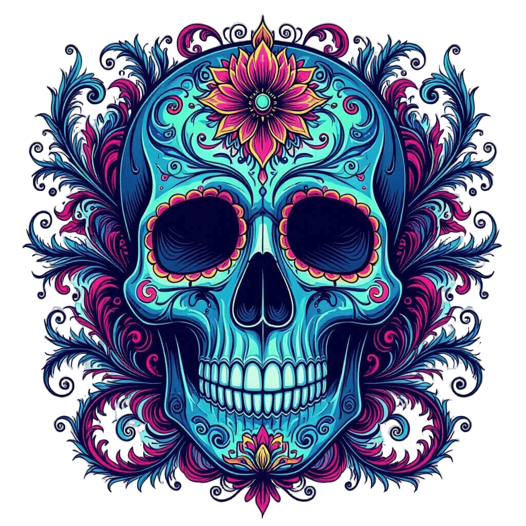 Psychedelic Neon Skull with Ornate Paisley Tendrils
