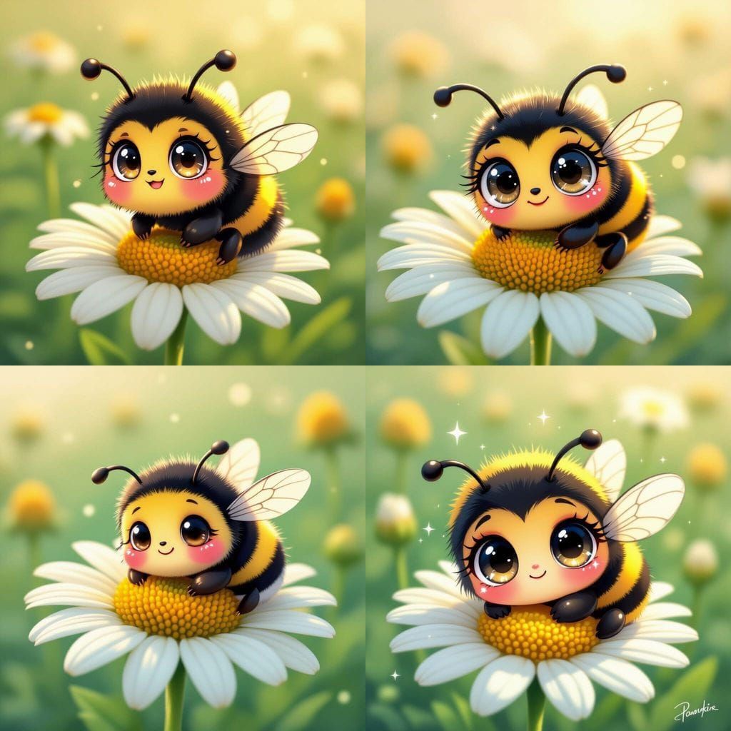 Sleepy Kawaii Bumblebee on Dewy Daisy Petal